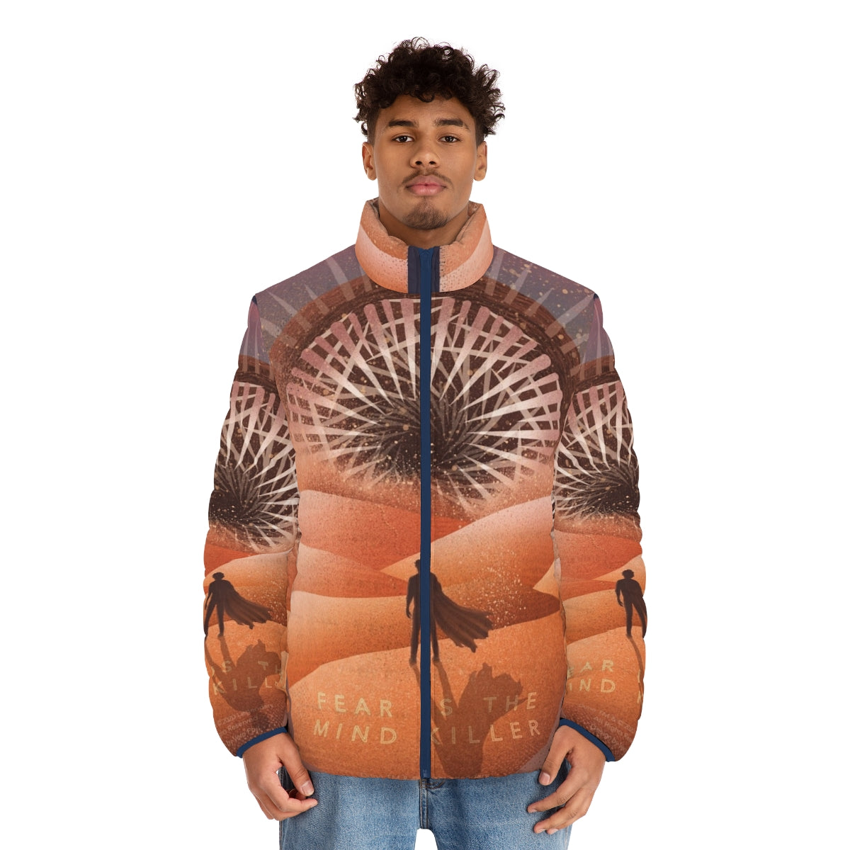 Dune The Fear Is The Mind Killer Puffer Jacket featuring a sandworm design - men front