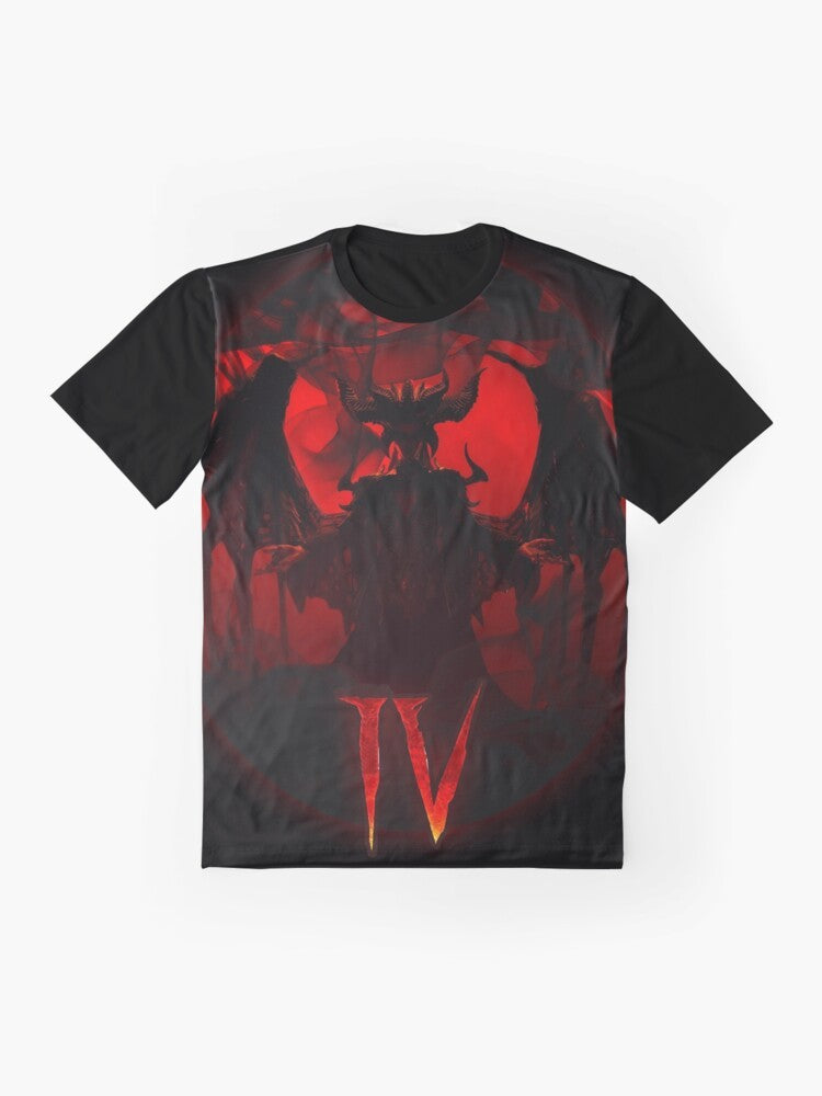 Diablo 4 Lilith graphic t-shirt featuring the demonic Lilith from the Diablo franchise. - Flat lay