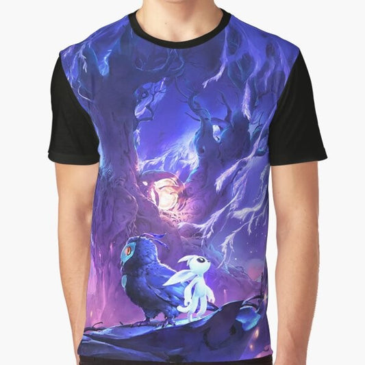 Ori, the main character from the video game Ori and the Will of the Wisps, featured on a white graphic t-shirt.