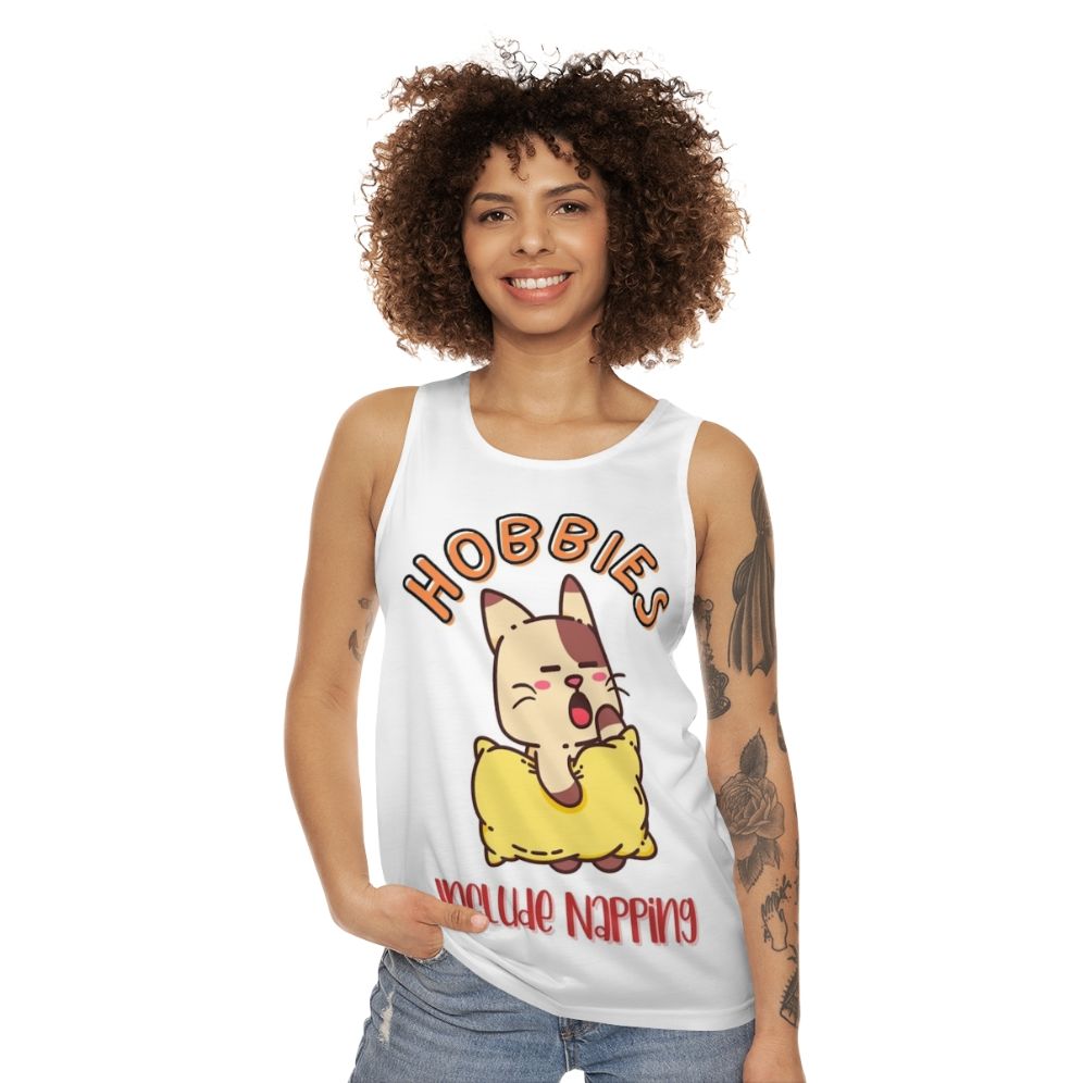 Unisex tank top with "Hobbies Include Napping" design - women