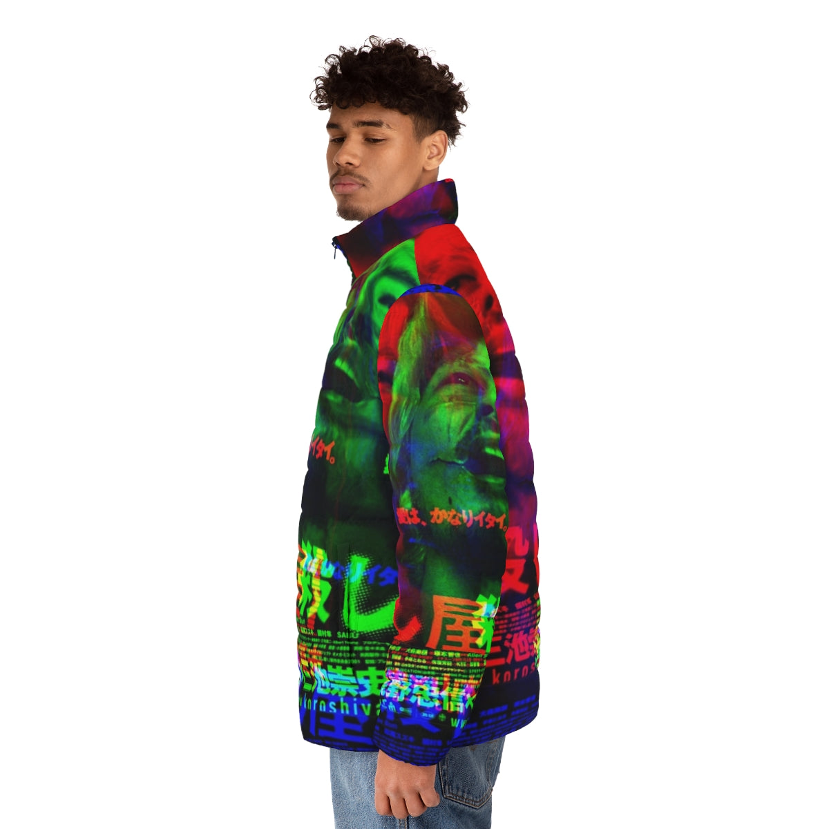 Ichi The Killer Glitch 1 Puffer Jacket with glitch art and cult movie inspired design - men side left