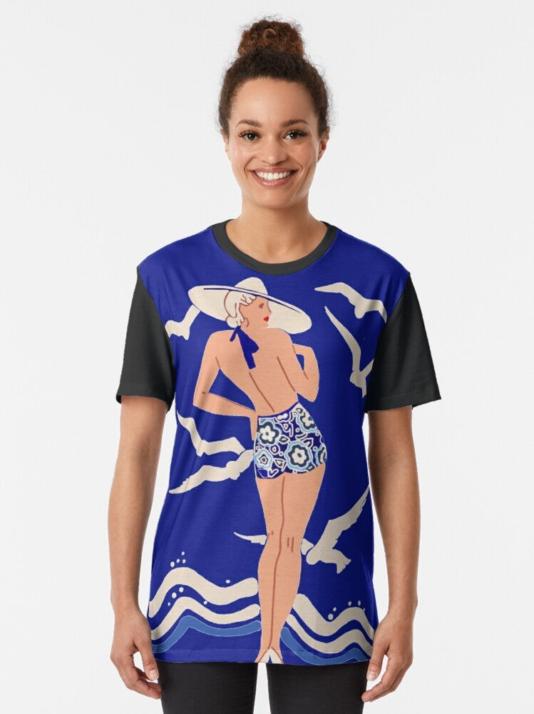 Vintage graphic summer t-shirt with 1940s/1950s inspired beach and seaside design - Women