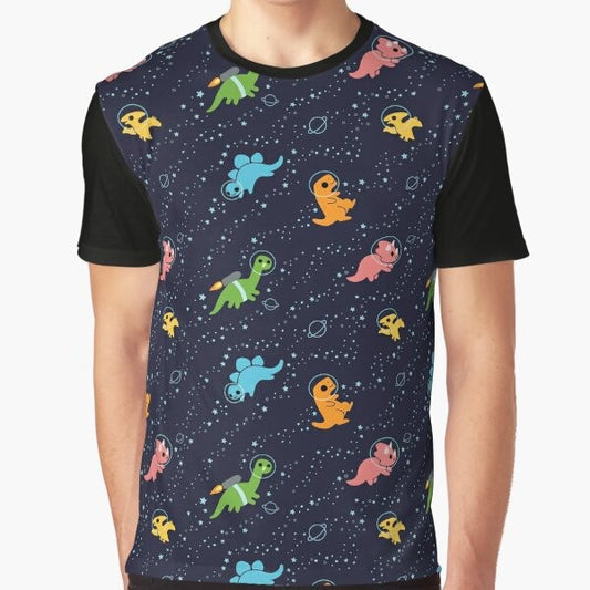 Cute dinosaur wearing a jetpack and floating in a starry galaxy