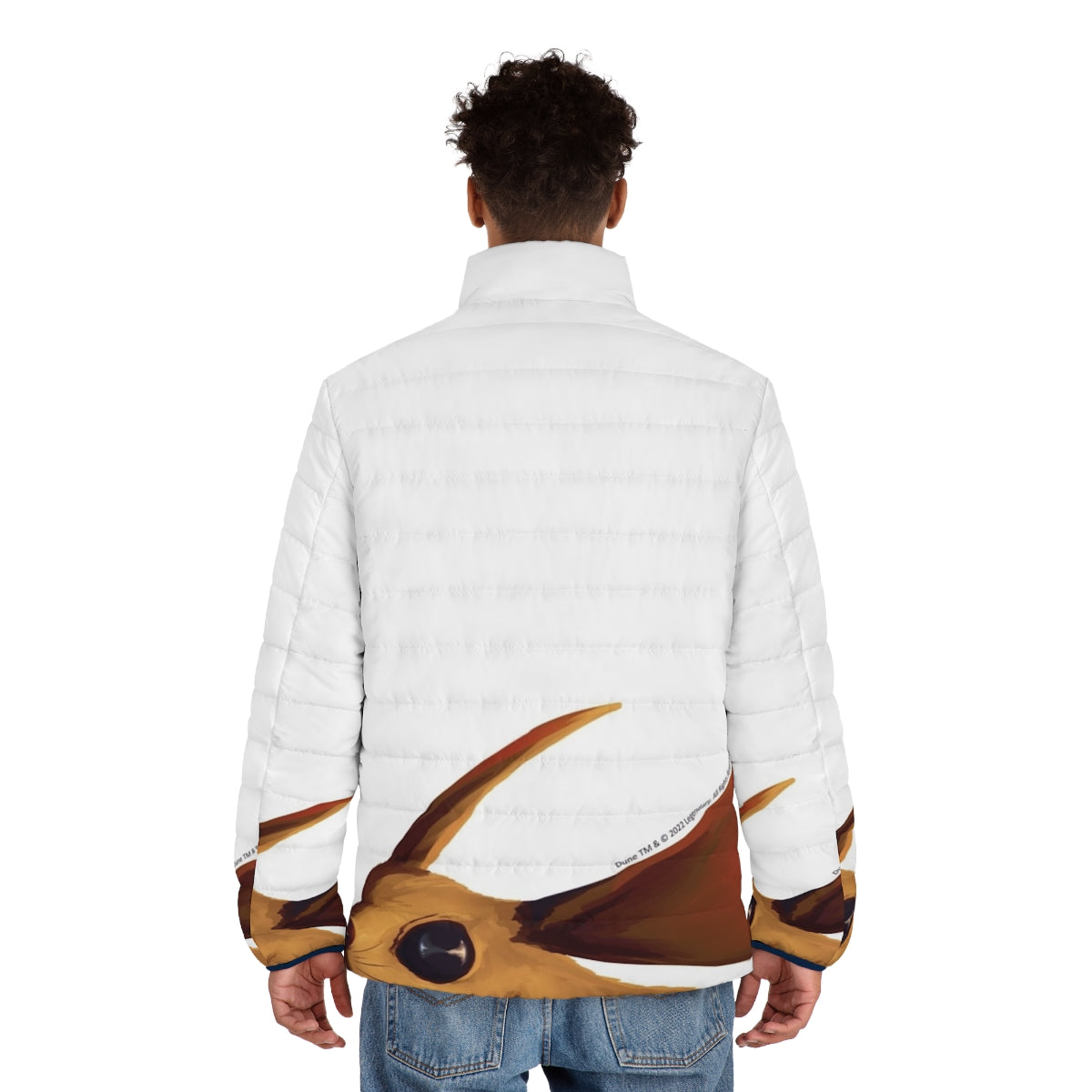 A puffer jacket featuring a desert mouse design inspired by the Dune movie - men back