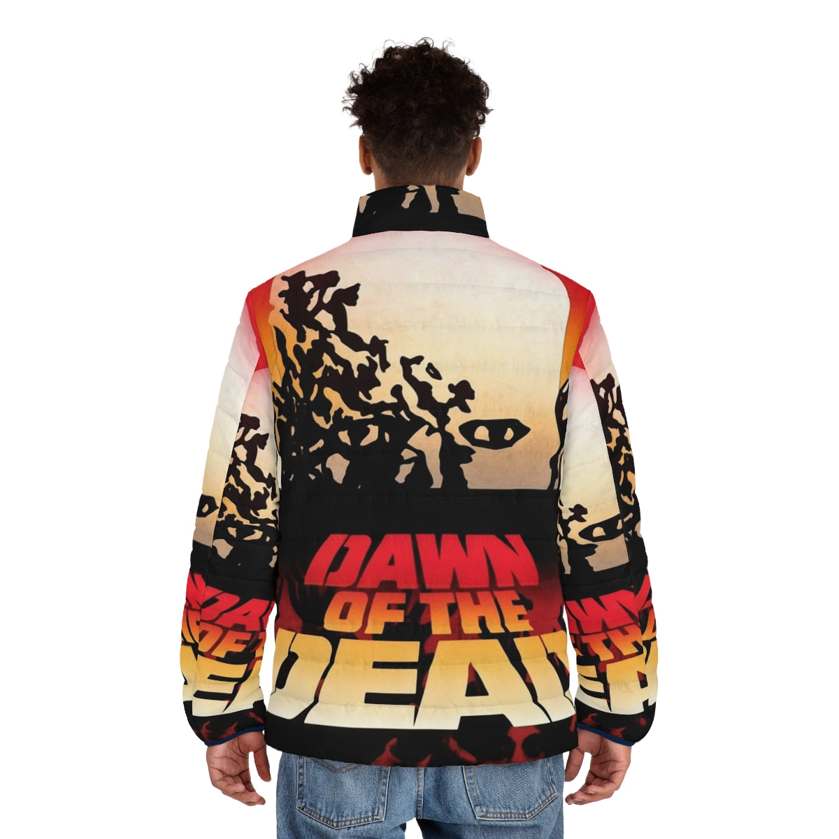 Dawn of the Dead inspired puffer jacket with zombie and horror movie graphics - men back