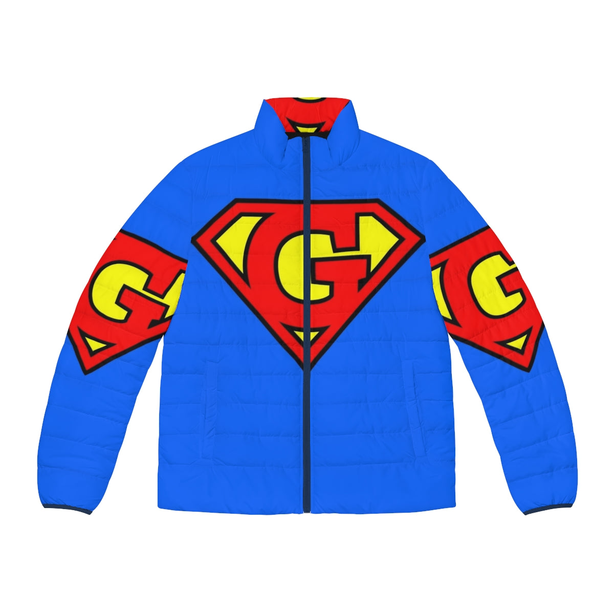 Super Letter A-Z Puffer Jacket featuring comic book-inspired superhero designs