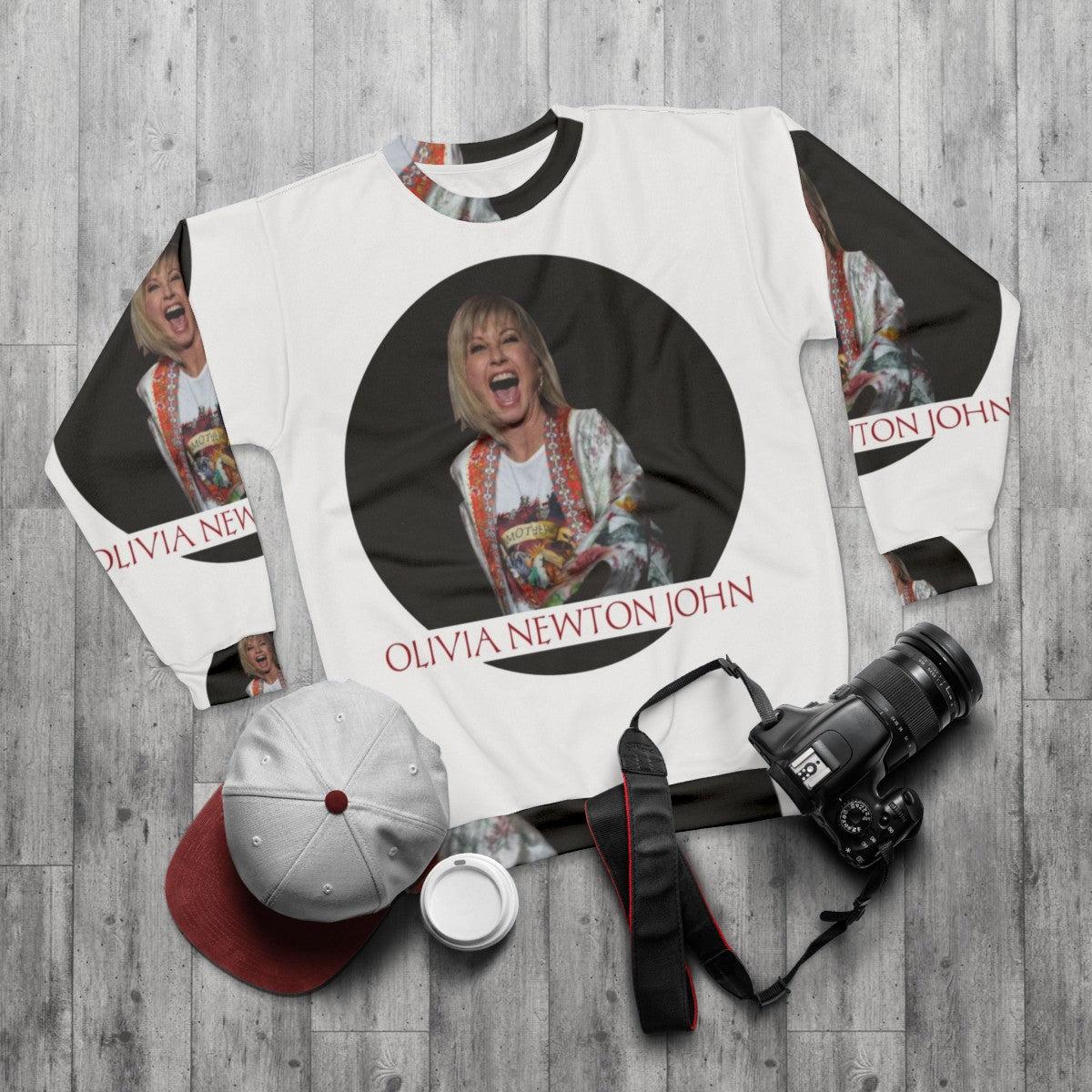 Olivia Newton-John Sweatshirt, Iconic Pop Music Singer - flat lay