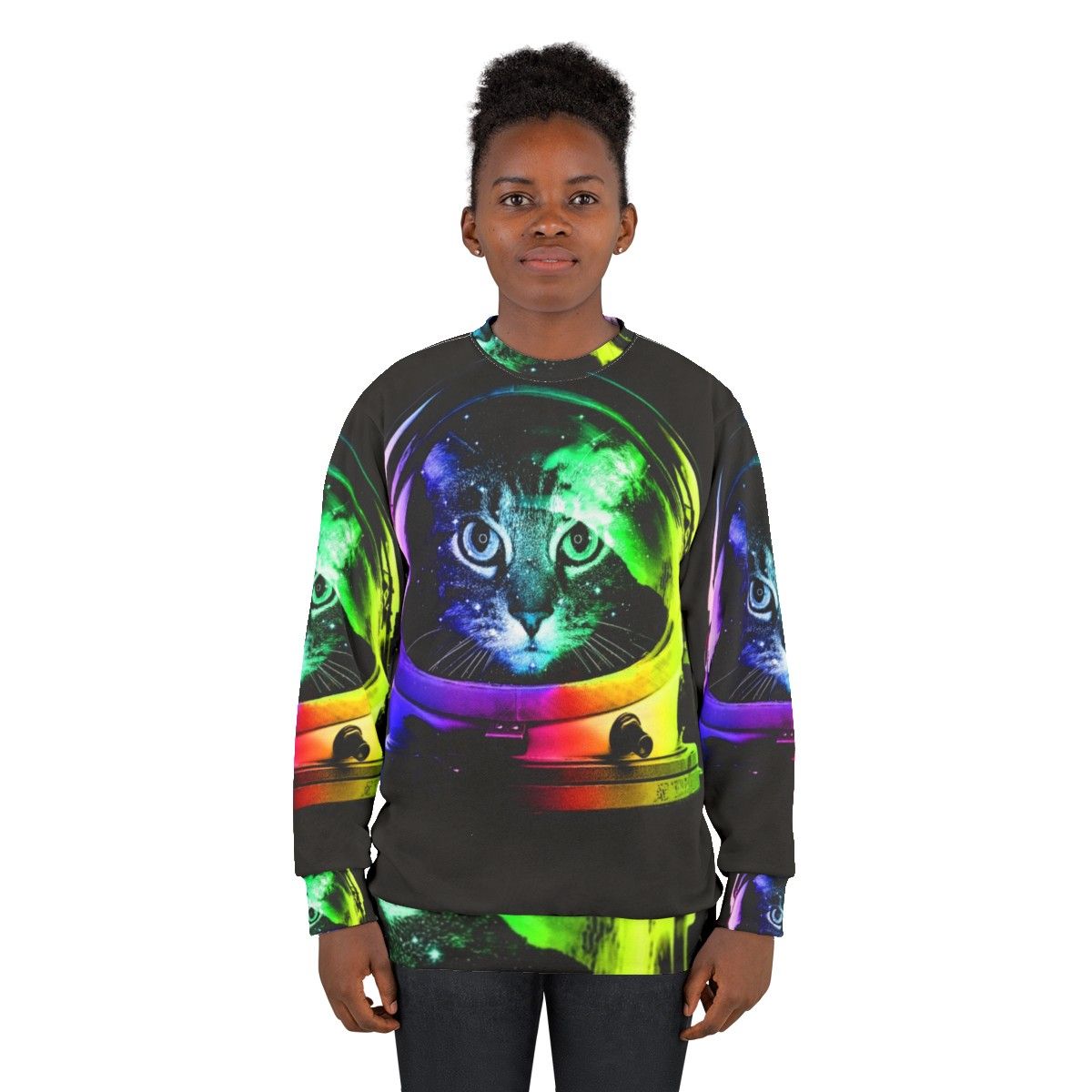 Astronaut cat in a space-themed sweatshirt - women