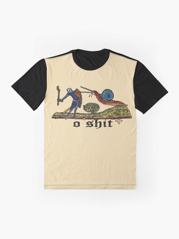 A medieval knight battling a snail, medieval graphic t-shirt design - Flat lay