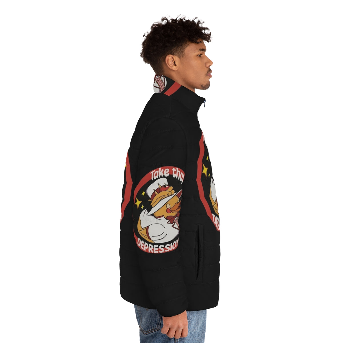 Hazbin Hotel Inspired Puffer Jacket with Lucifer, Alastor, and Angel Dust Graphics - men side right