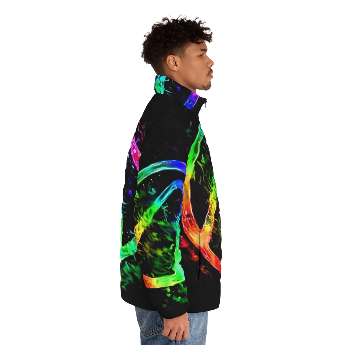 Borderlands Vault Hunter symbol puffer jacket with a vibrant rainbow splash graphic design - men side right