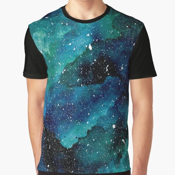 Emerald Galaxy Graphic T-Shirt featuring a colorful, watercolor-inspired design of the galaxy, stars, and planets.