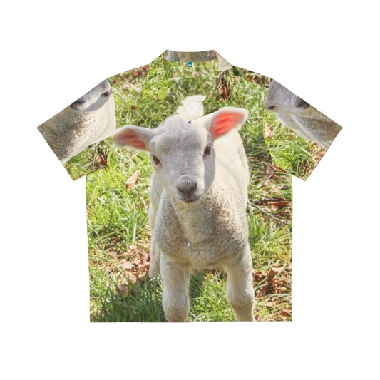 Cute baby lamb wearing a tropical Hawaiian shirt