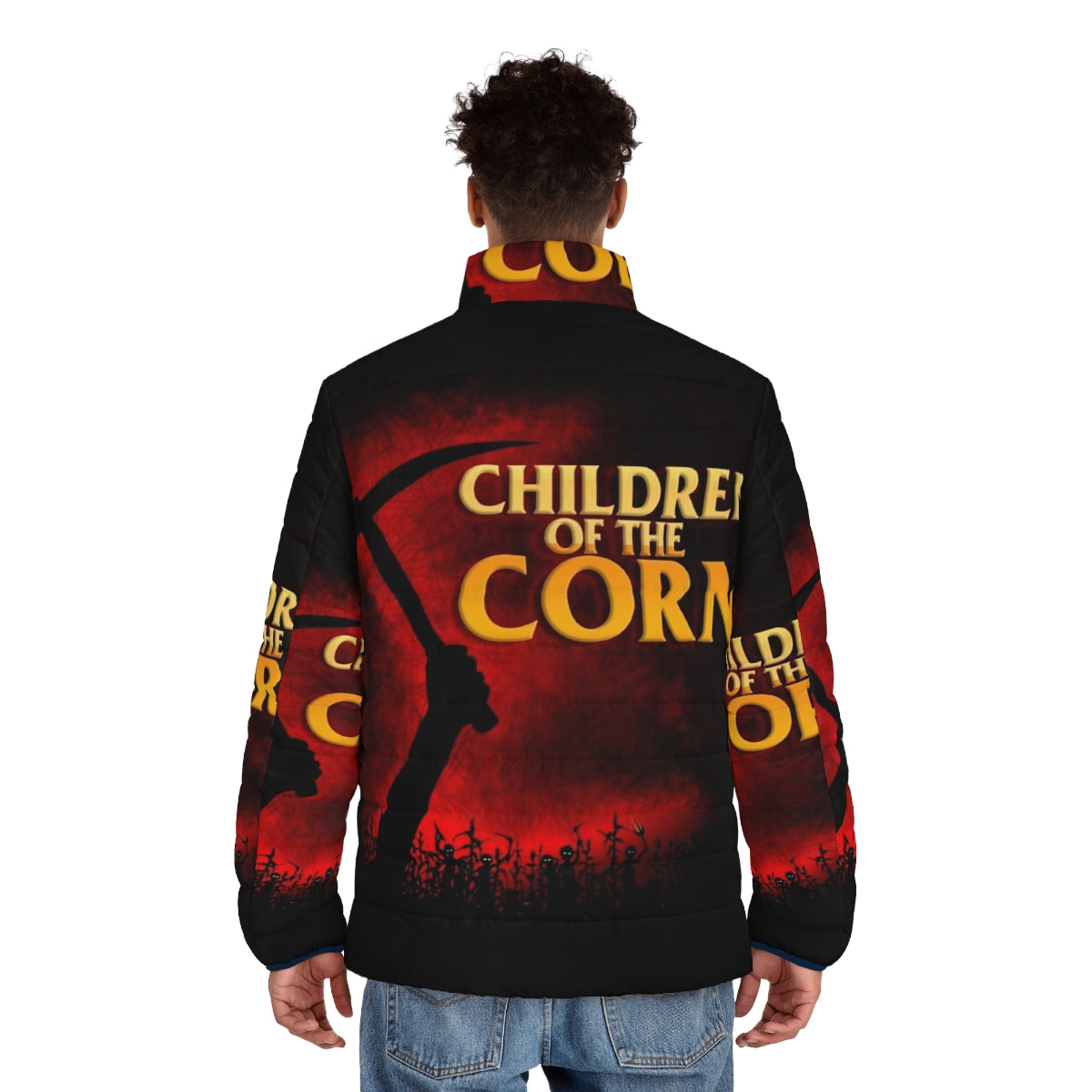 "Children of the Corn" inspired puffer jacket with horror movie imagery - men back