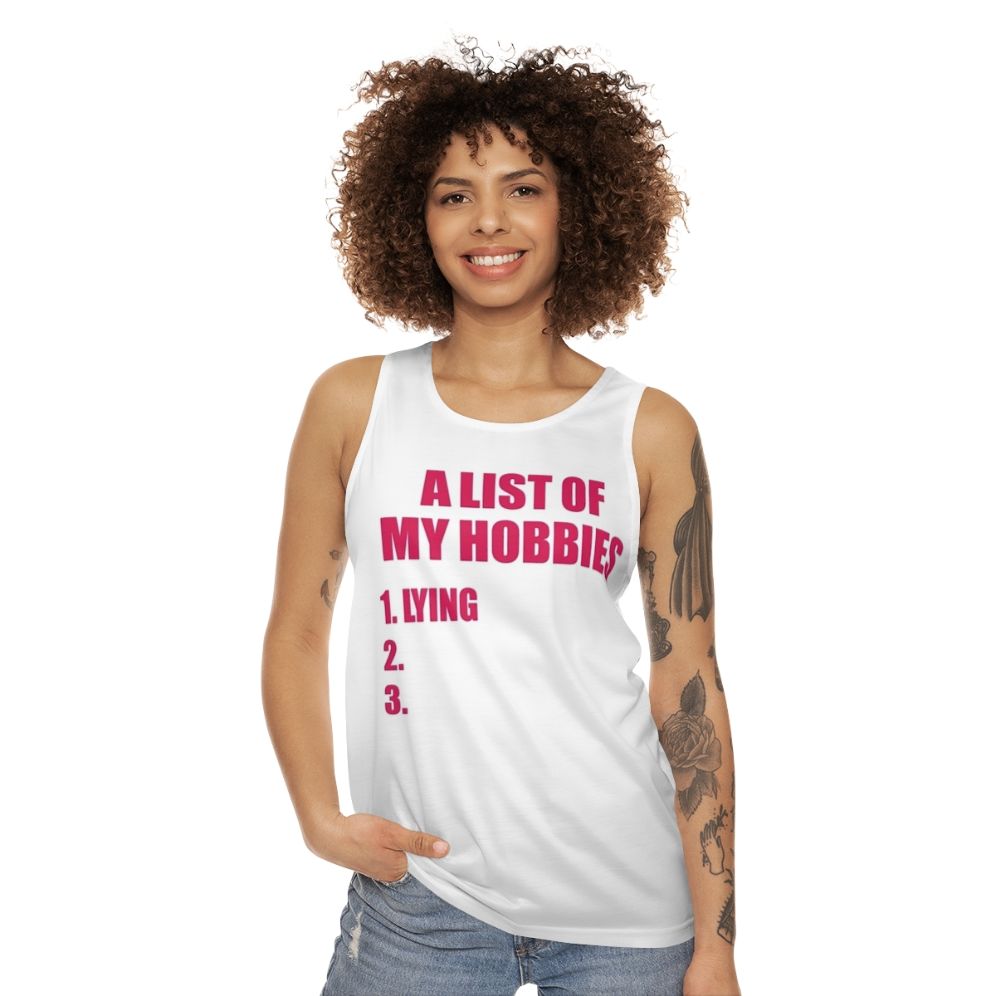 Unisex tank top with "A List of My Hobbies" graphic design - women