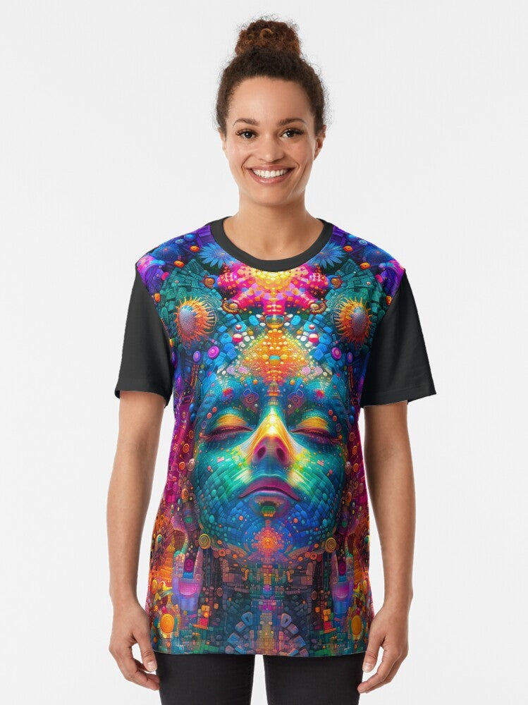 Psychedelic art graphic t-shirt with cosmic consciousness design - Women