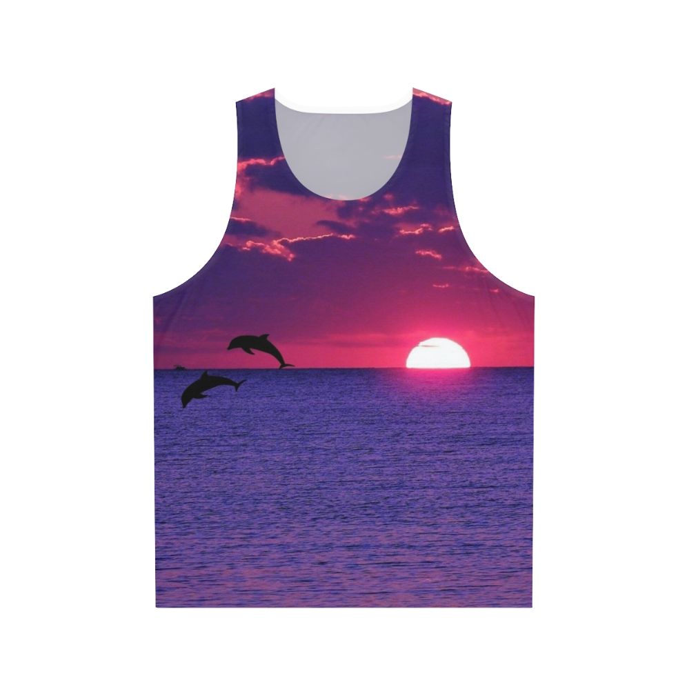 Unisex tank top featuring a breathtaking beach sunset in pink and purple sky