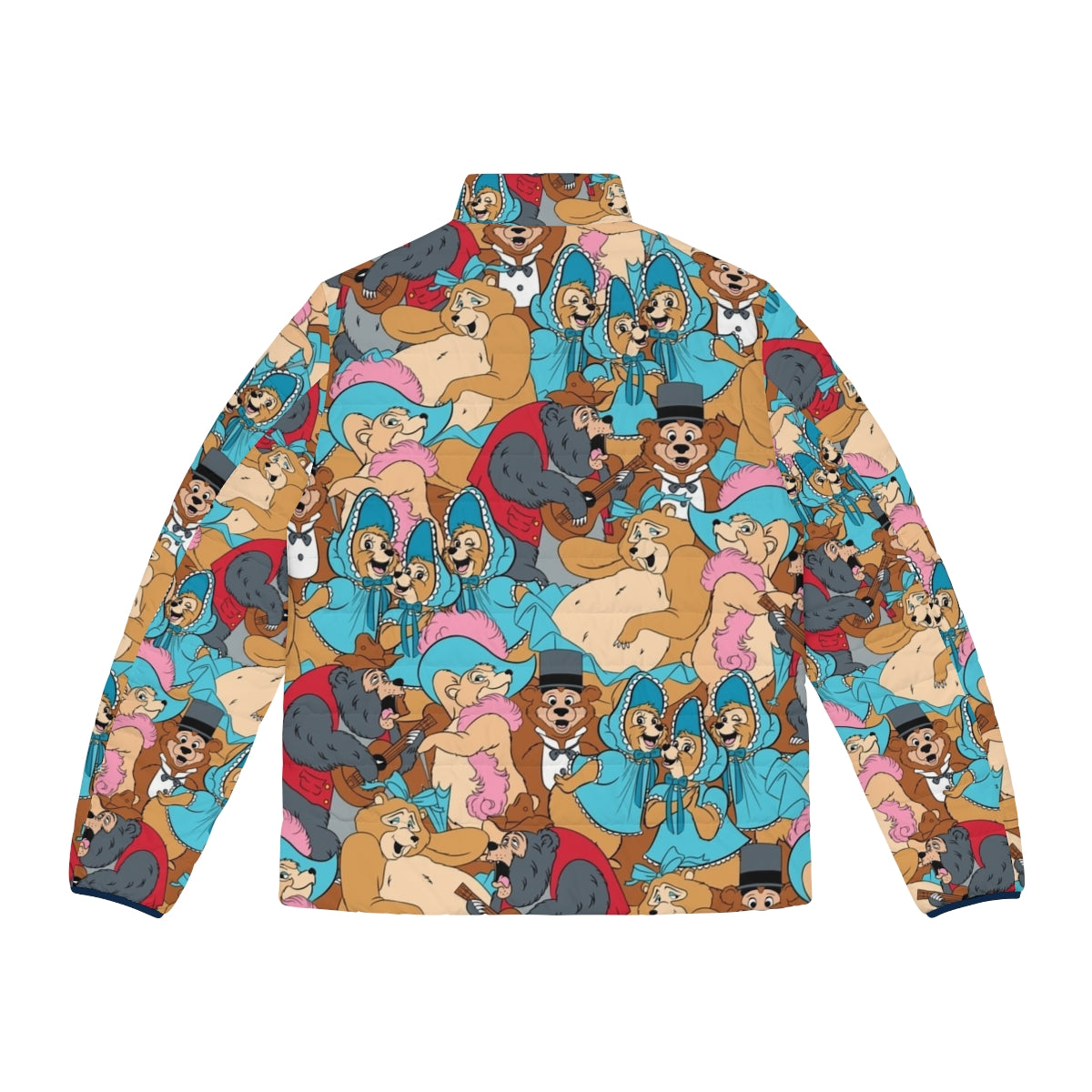 Puffer jacket featuring a charming Country Bear Jamboree pattern with characters like Big Al, Trixie, and Teddi Barra - Back