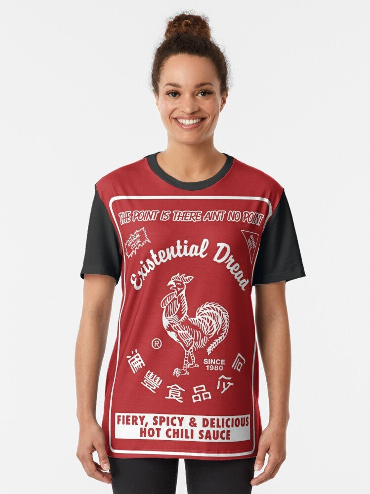 Retro vintage graphic t-shirt with existential dread and hot sauce design - Women