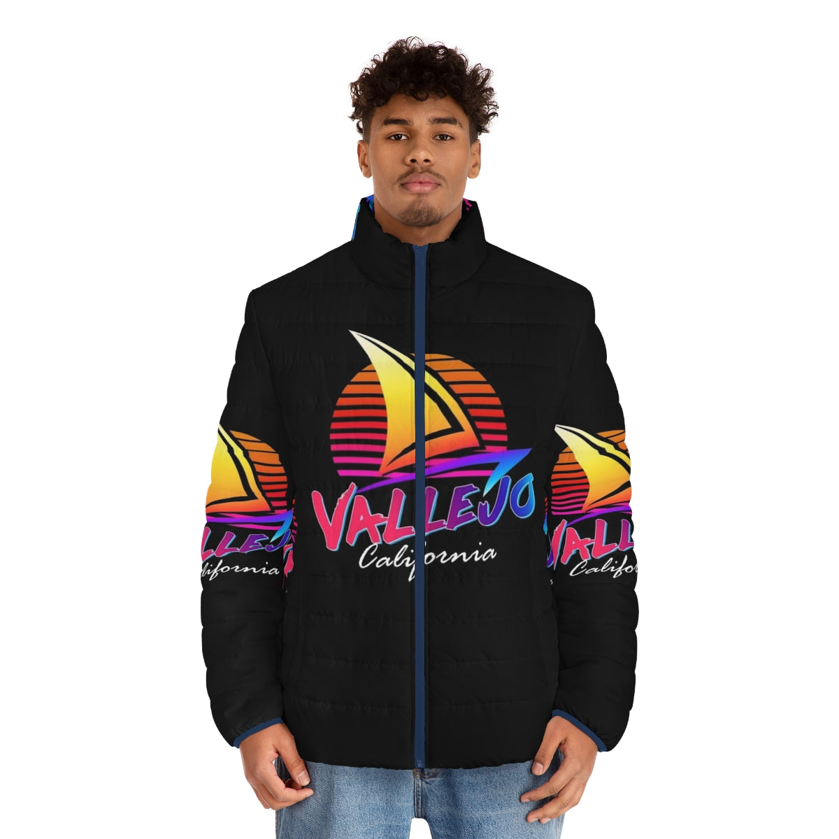 Vallejo California Retro Puffer Jacket with Sunset and Sailboat Design - men front