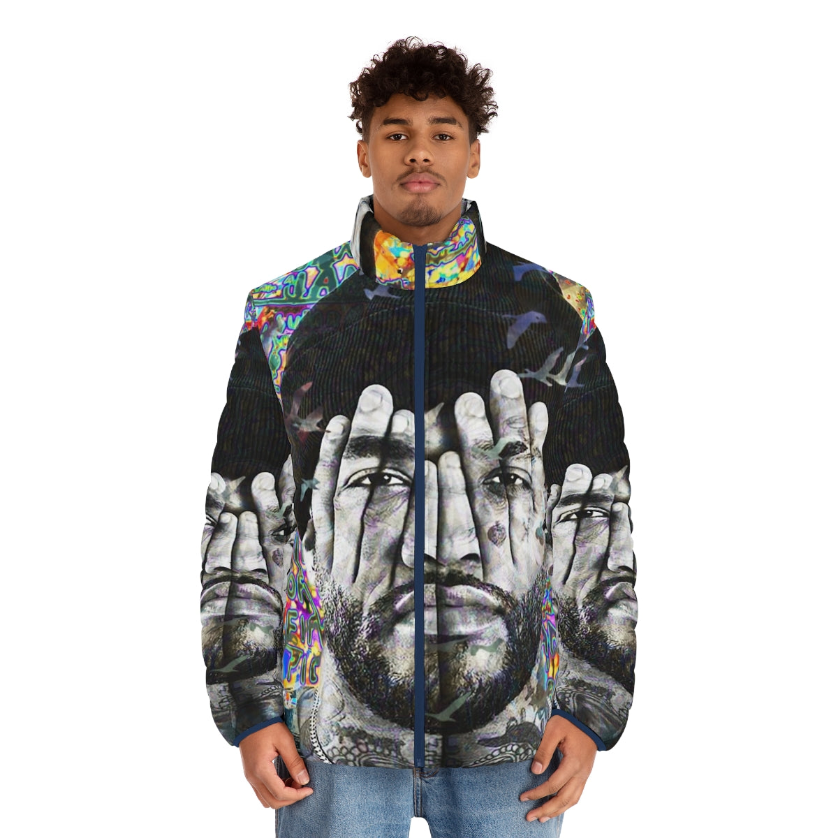 Joyner Lucas Portrait Puffer Jacket featuring the iconic rapper's portrait - men front