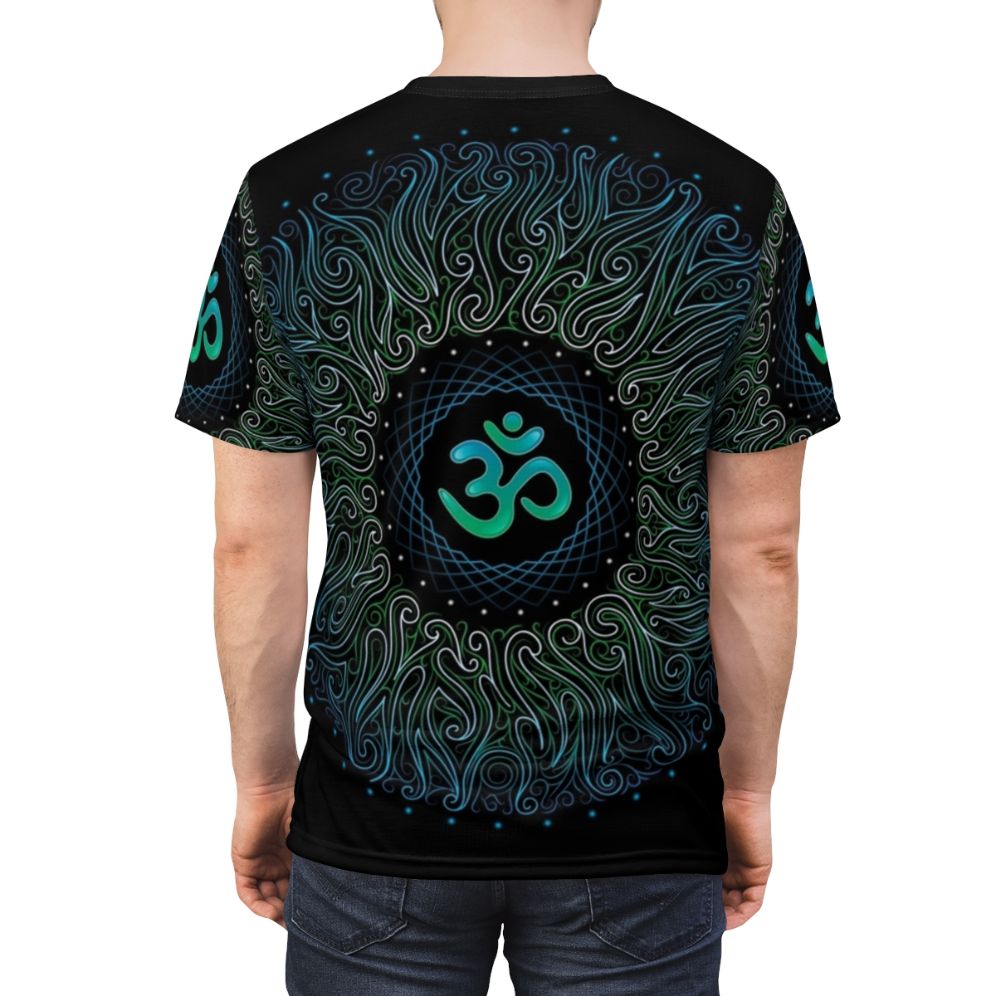 Psychedelic yoga Om mandala design on a black t-shirt with floral patterns and sacred geometry elements. - men back