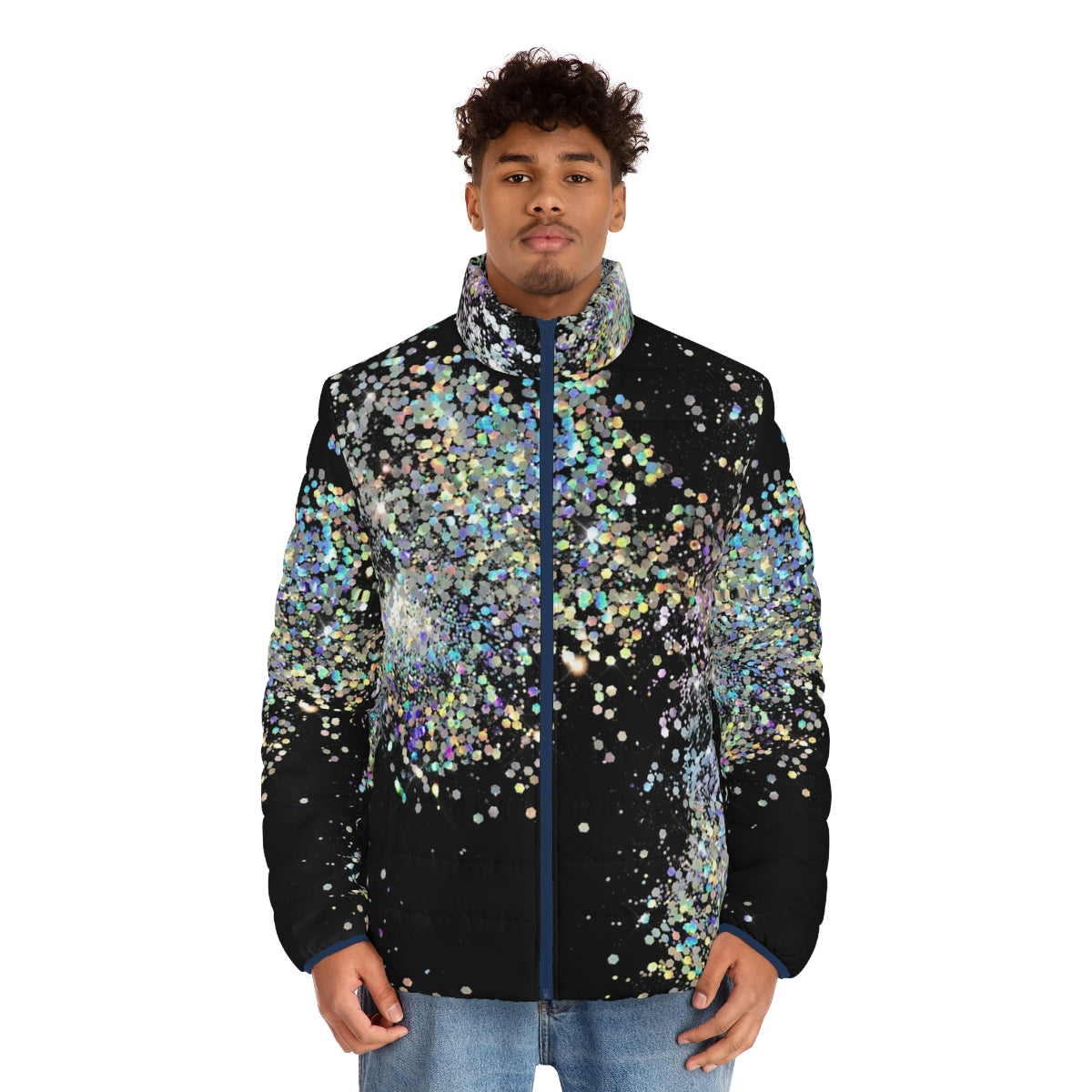 Black and multicolor sequin faux puffer jacket with glitter, ombre, and abstract patterns - men front