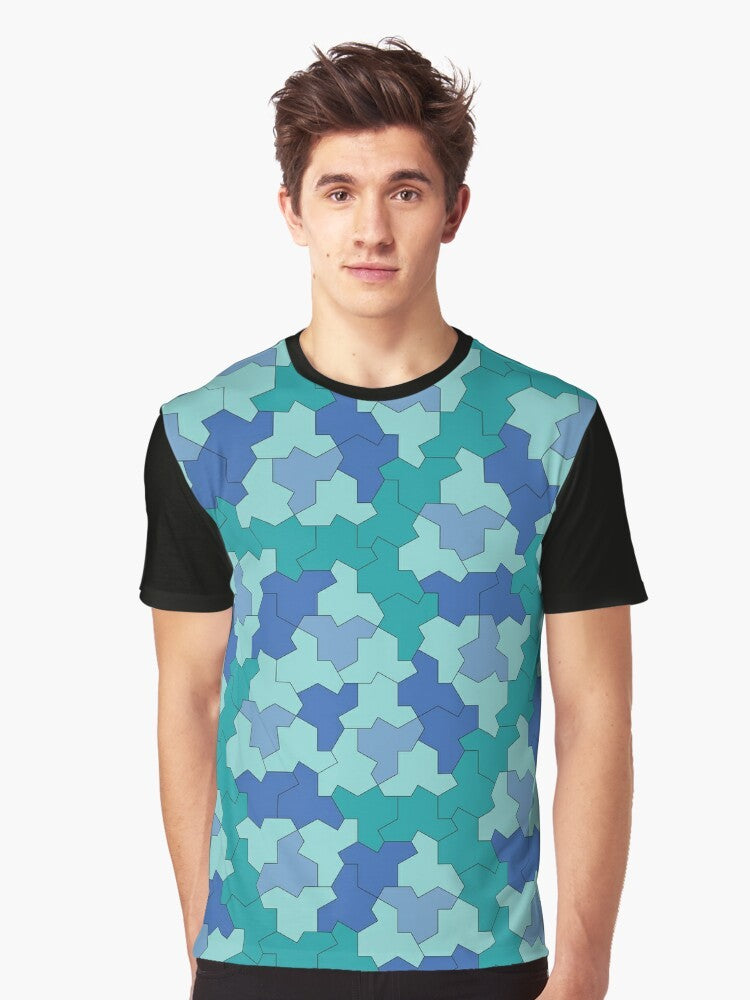 Aperiodic monotile Einstein shapes in blue and green geometric pattern on a t-shirt - Men