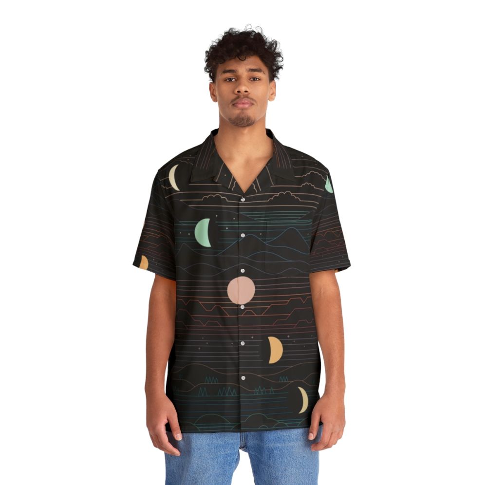 Celestial Moon Hawaiian Shirt with crescent moon, stars, and nature-inspired landscape - People Front