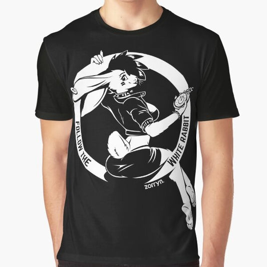 Alice in Wonderland-inspired graphic t-shirt with a white rabbit design on a black background