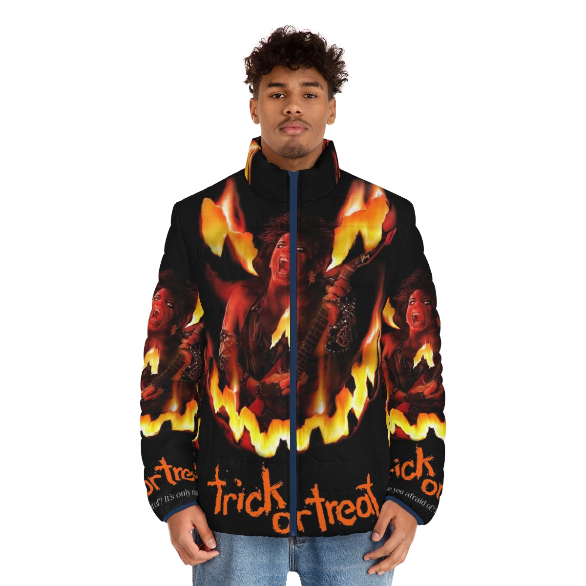 Trick Or Treat Puffer Jacket, a retro-inspired rock 'n' roll Halloween puffer jacket - men front