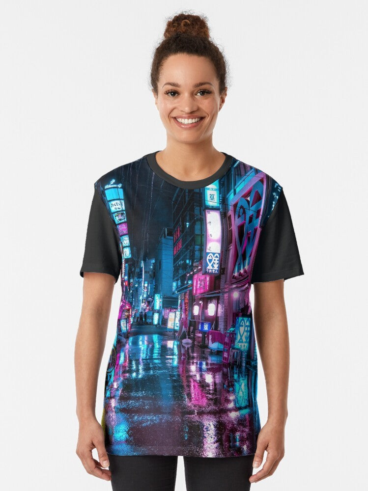 Neon-lit alleyways and skyscrapers in the Shimbashi district of Tokyo at night, a futuristic and moody graphic t-shirt design. - Women