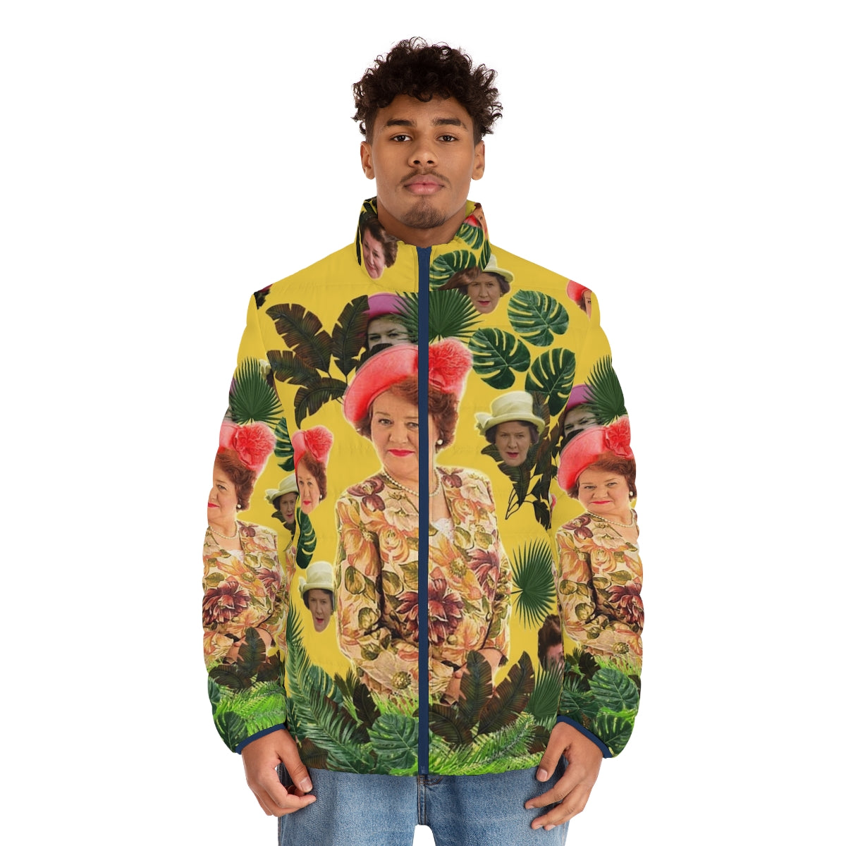 Hyacinth Bucket-inspired puffer jacket with a bouquet design - men front