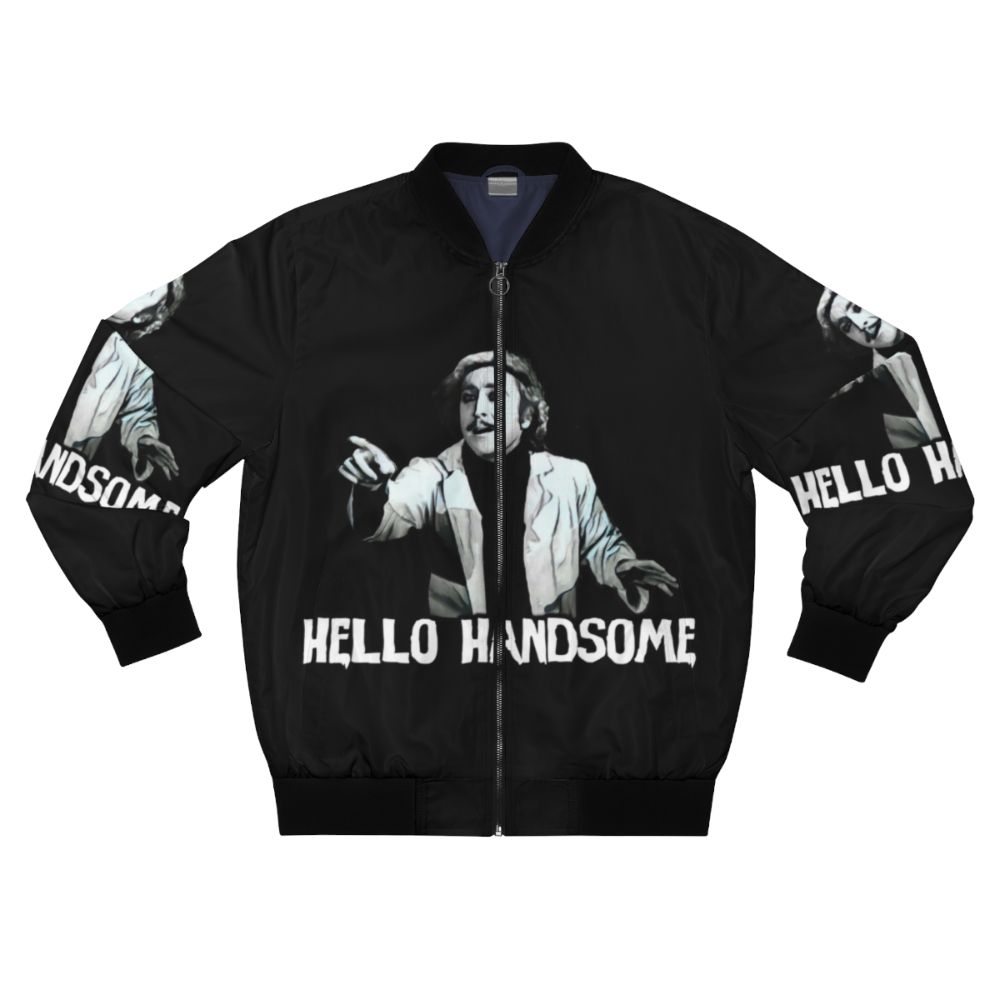 Retro 80s style bomber jacket featuring a Frankenstein and Mel Brooks pop art design