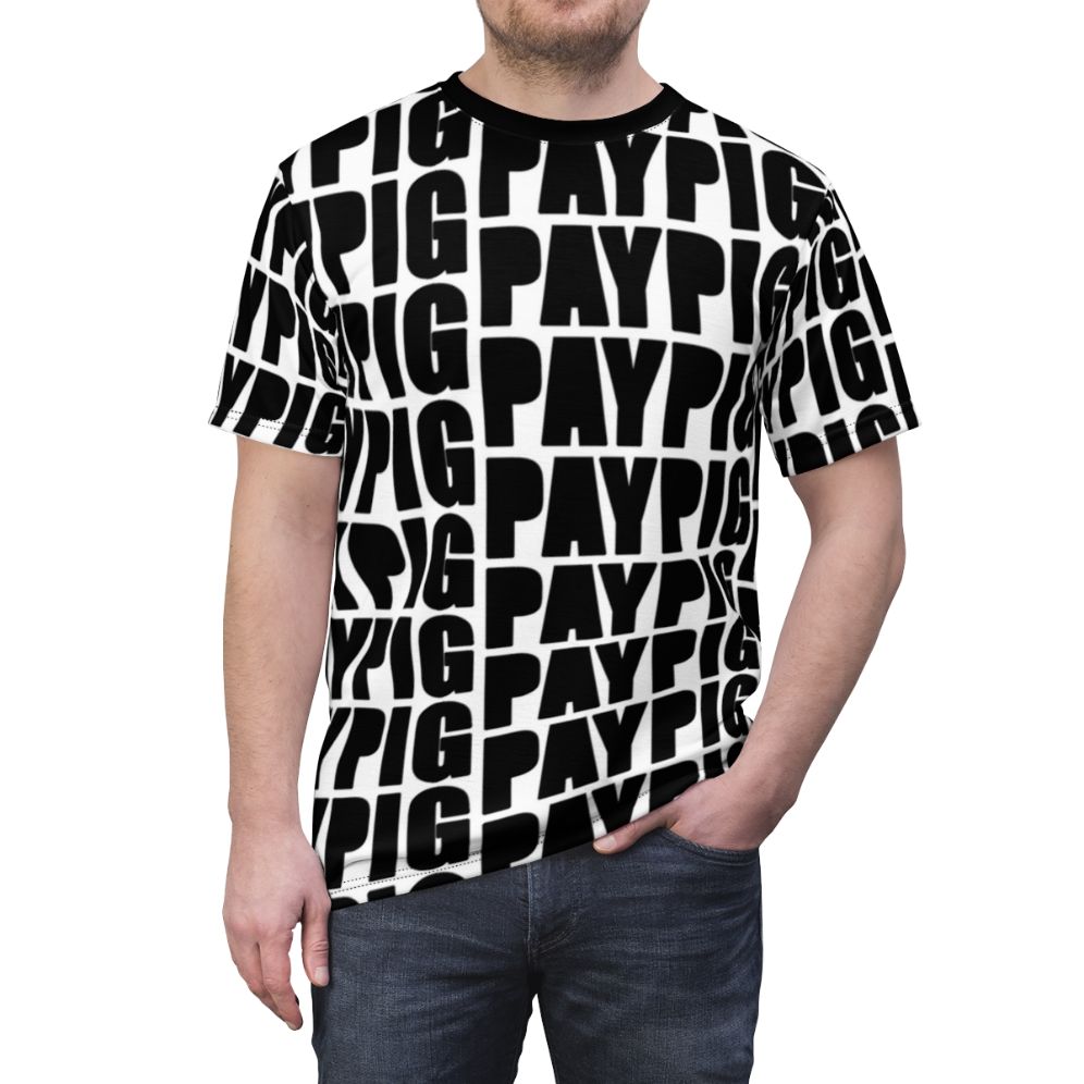 Paypig-inspired all-over print t-shirt featuring money fetish, findom, and finsub graphics - men front