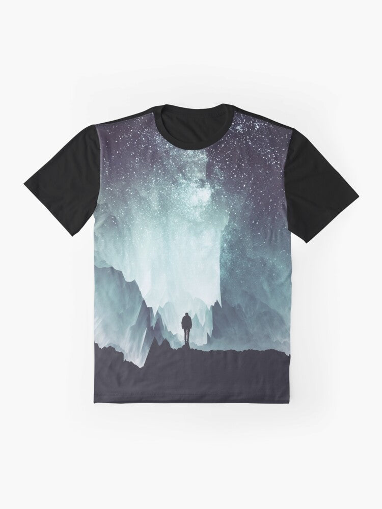 A northern, galaxy-inspired graphic t-shirt with a surreal, nature-themed design. - Flat lay