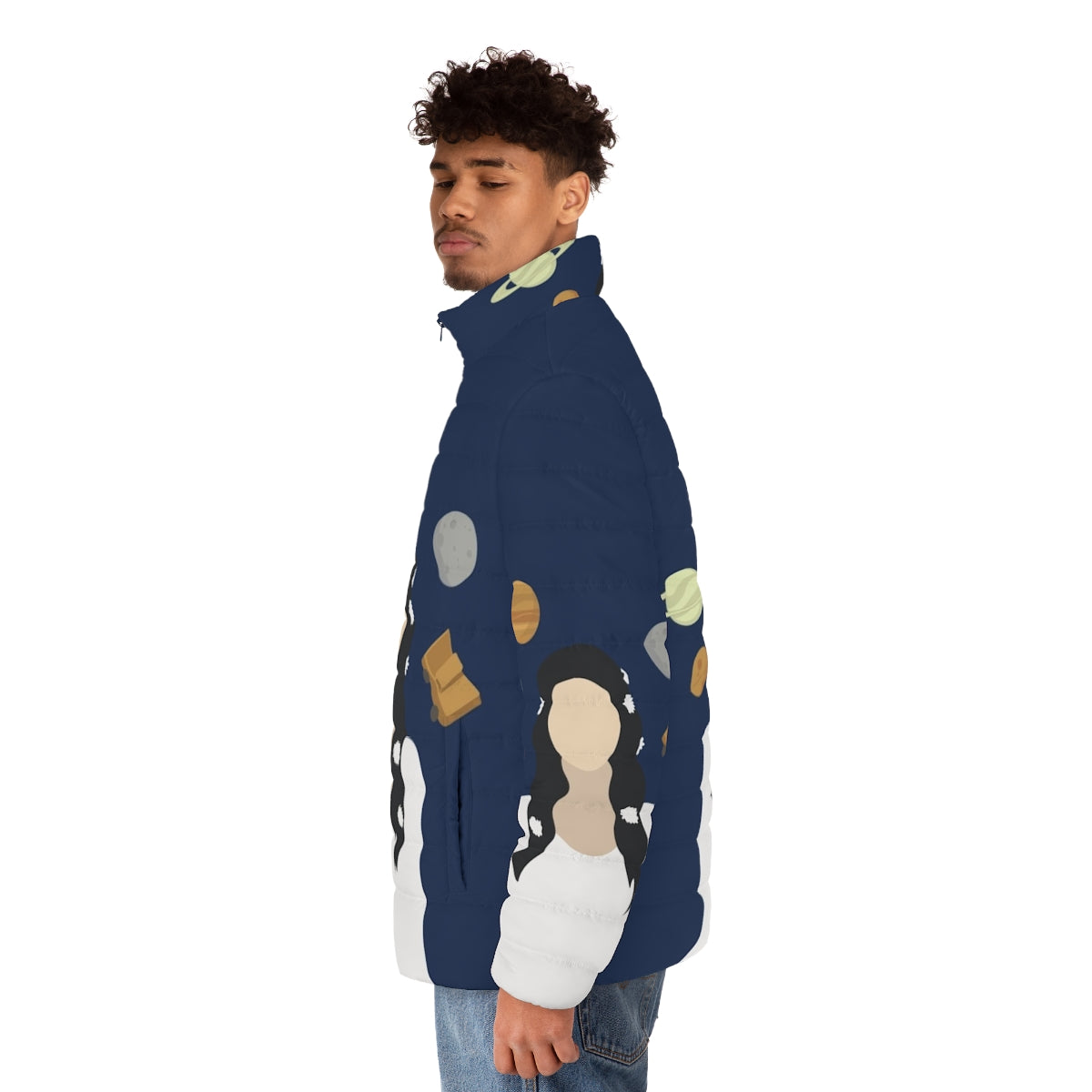 Lana Del Rey inspired puffer jacket with moon and space graphics - men side left