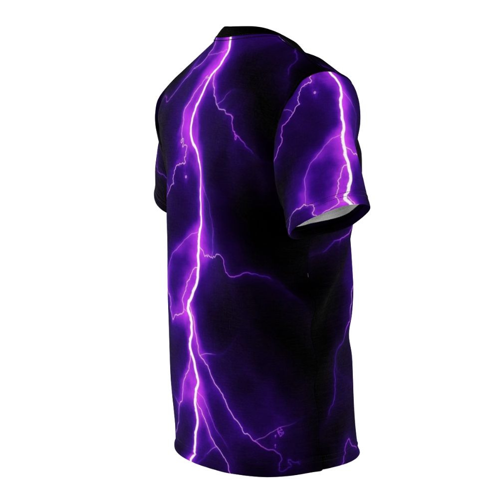 Person wearing a purple t-shirt with a striking lightning bolt design - men right