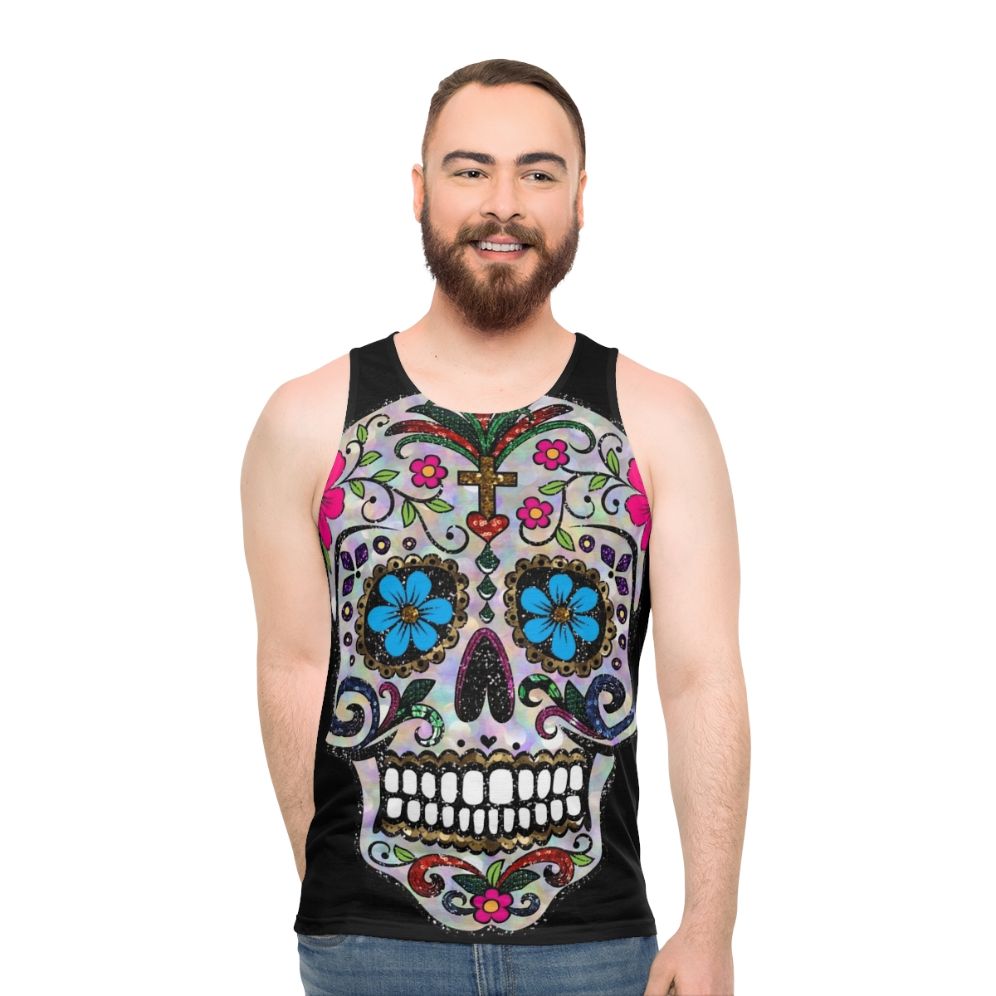 Unisex sugar skull tank top with floral design - men