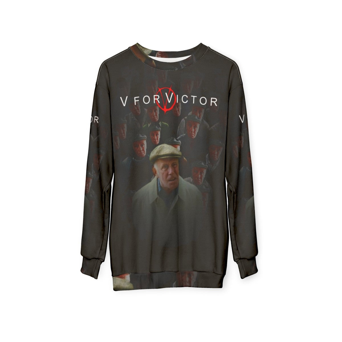 "V For Victor" graphic design on a cozy sweatshirt - hanging