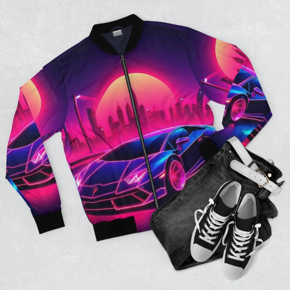 Retro synthwave bomber jacket with neon car and sunset design - Flat lay