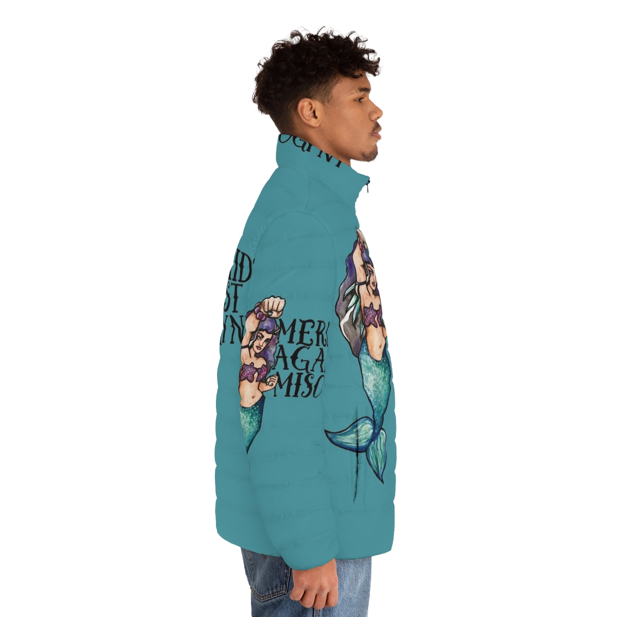 Mermaid themed feminist puffer jacket with a message of female empowerment - men side right