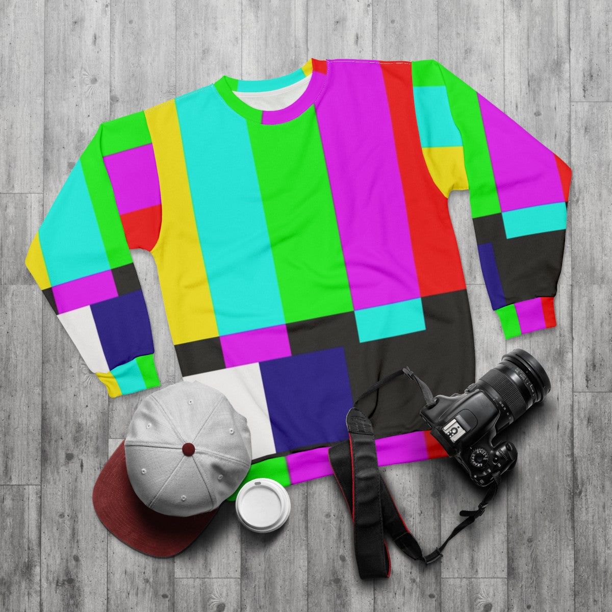 SMPTE Color Bars Sweatshirt with Colorful Stripes - flat lay