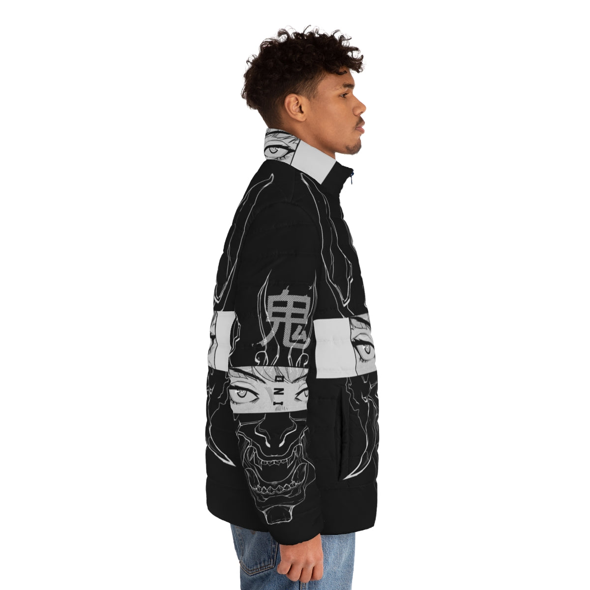 Oni Puffer Jacket 2 featuring Japanese folklore-inspired design and futuristic elements - men side right