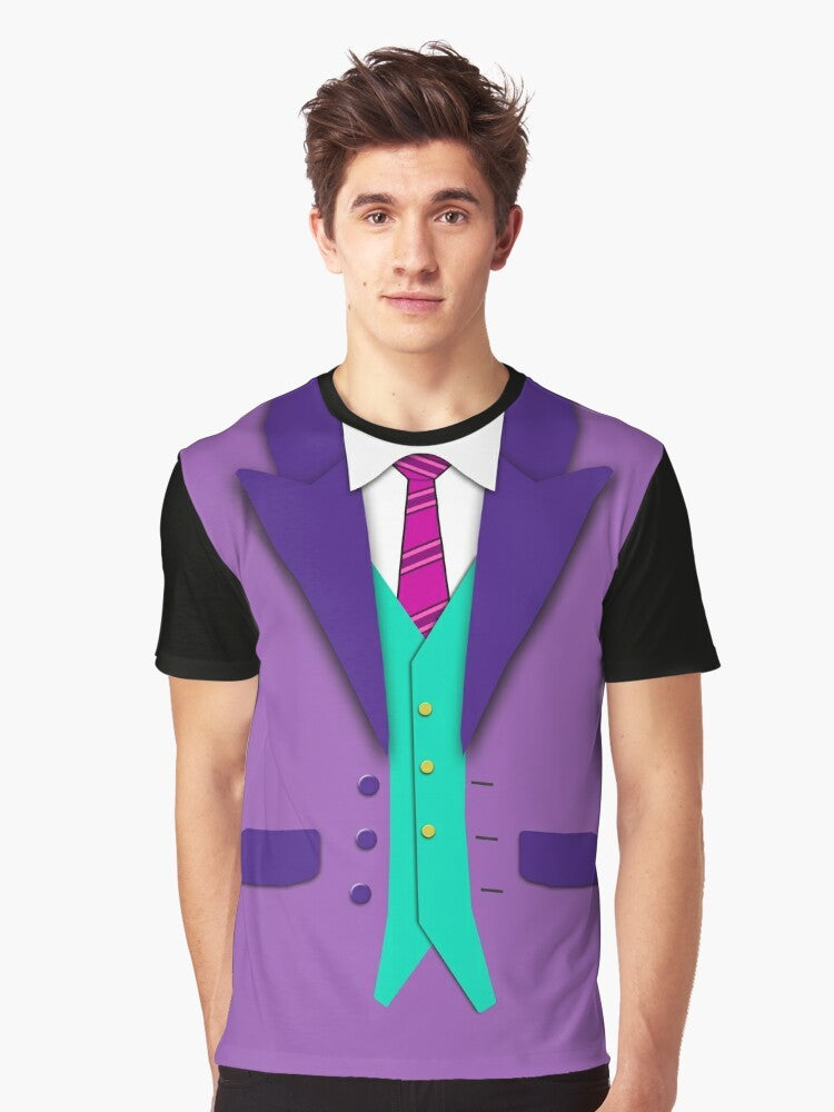 Graphic t-shirt featuring a colorful suit, tie, and vest design - Men