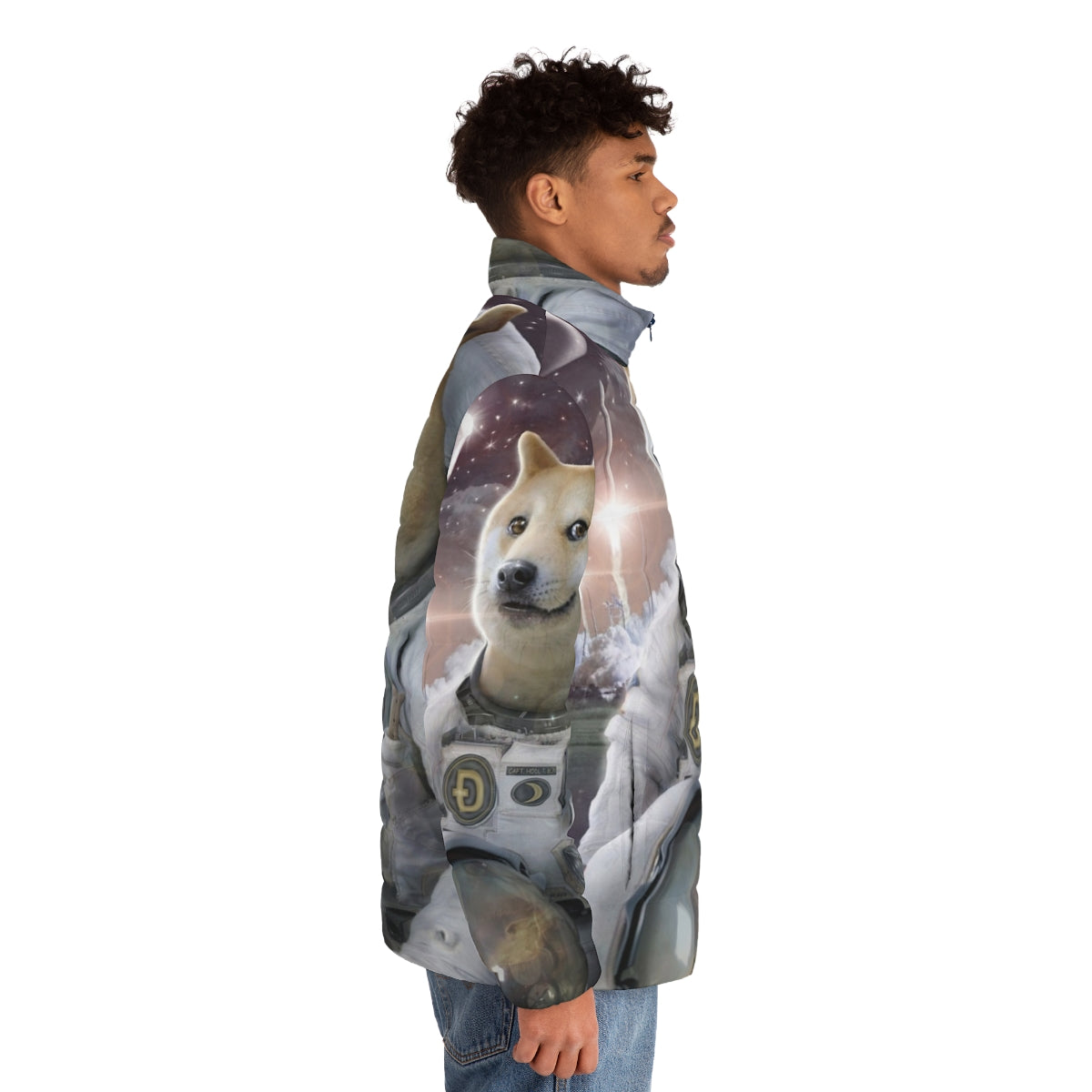 Doge astronaut puffer jacket with galaxy and space motifs - men side right