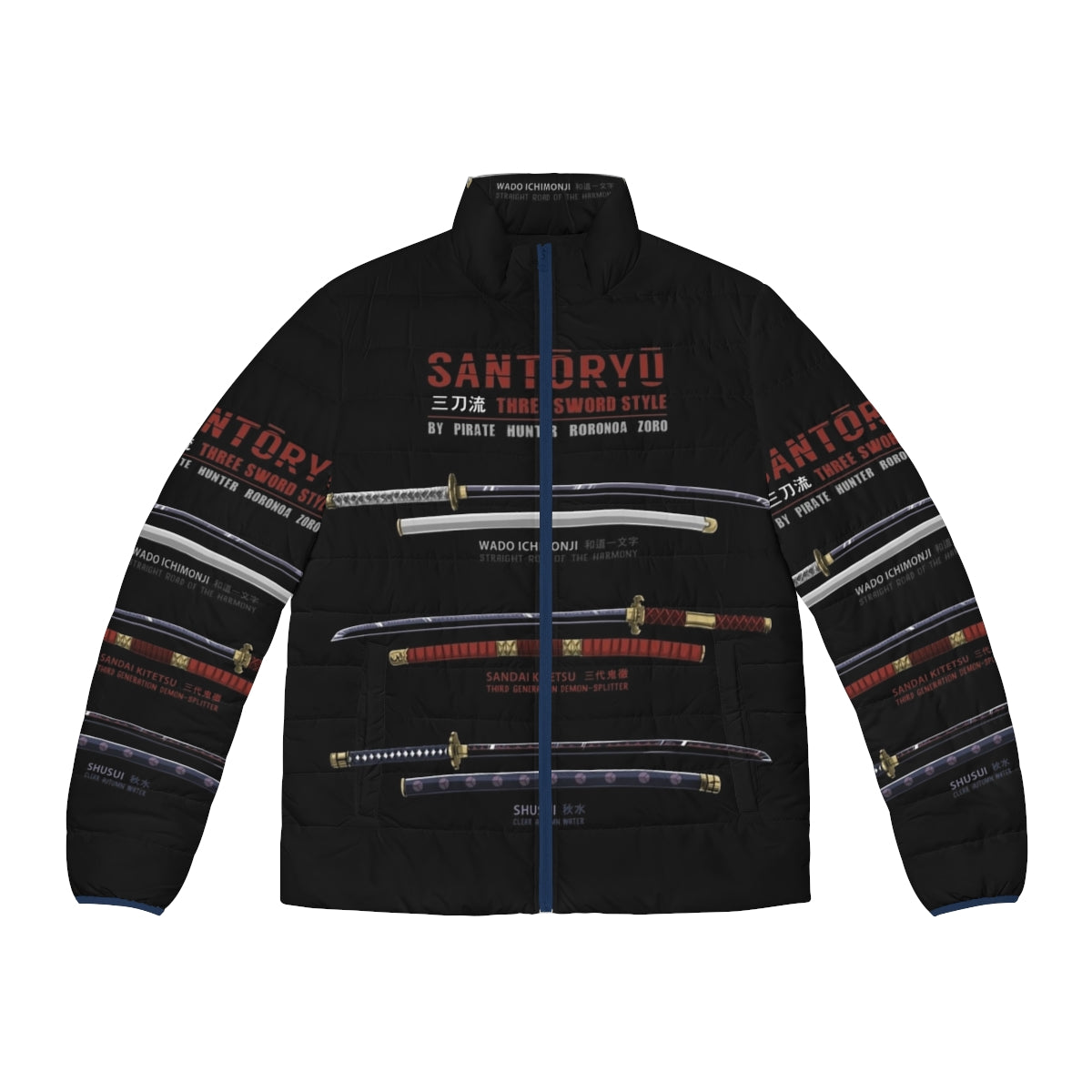 One Piece Zoro Santoryu Puffer Jacket with Katanas