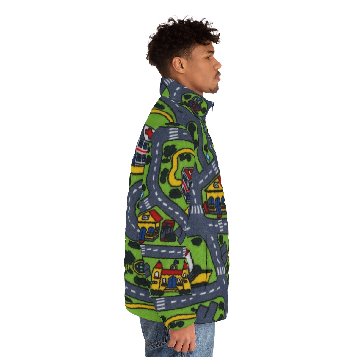 Retro 90s road carpet puffer jacket with nostalgic artsy design - men side right