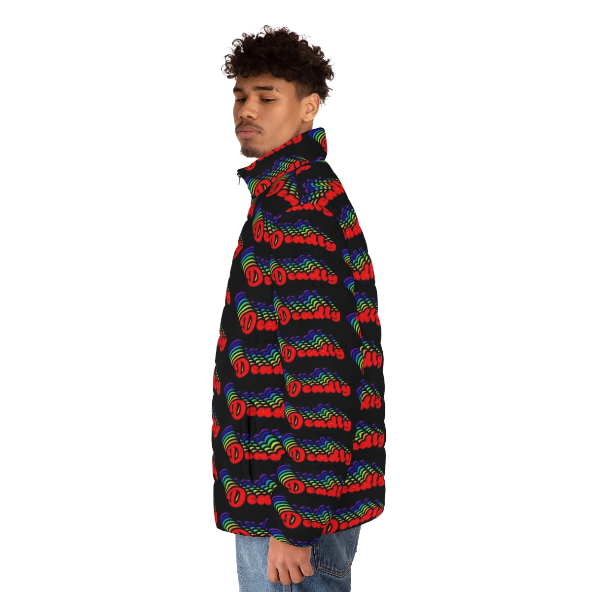 Vibrant rainbow puffer jacket in a retro 70s style - men side left