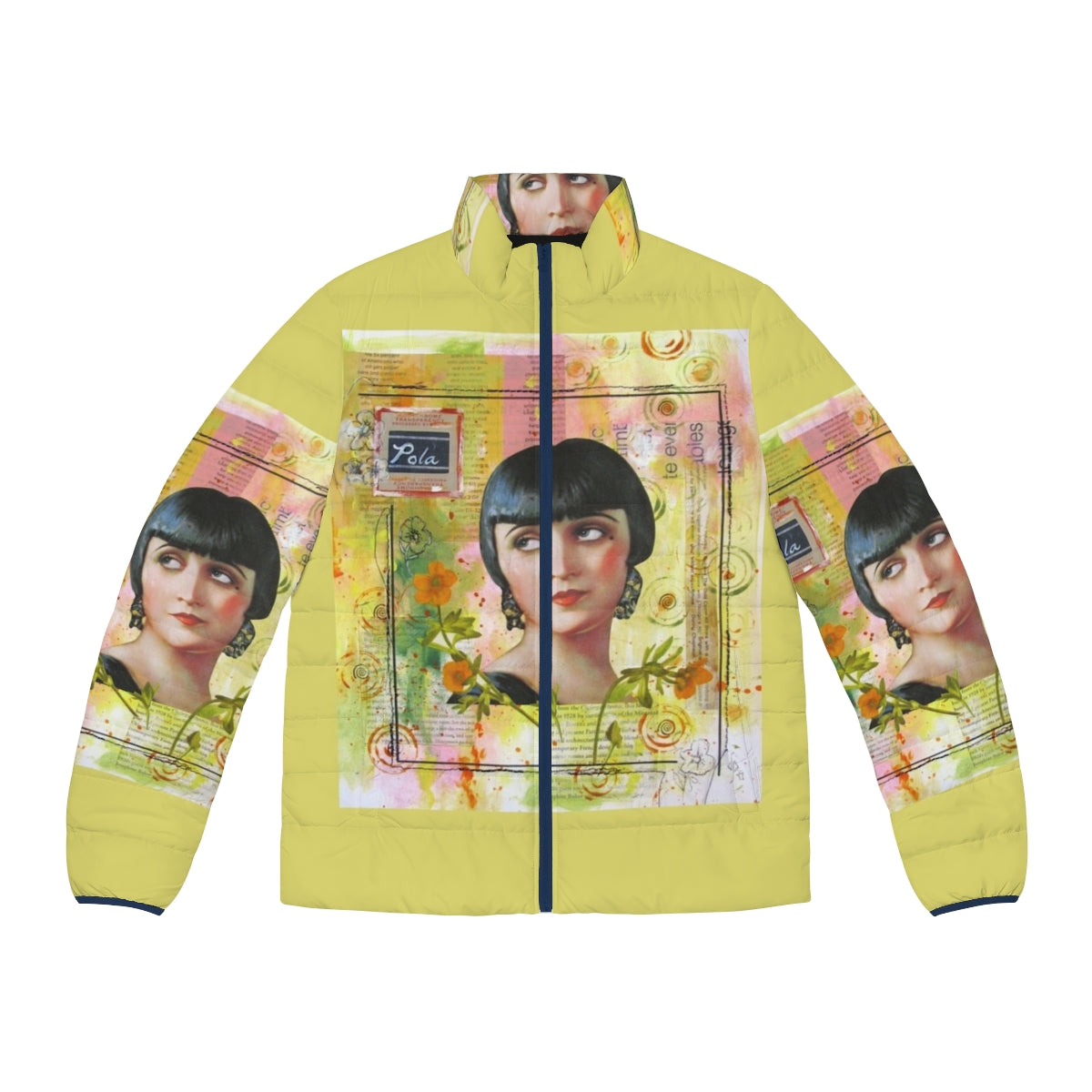 Pola Negri Collage Puffer Jacket featuring the 1920s silent film actress in a vintage Hollywood-inspired design.